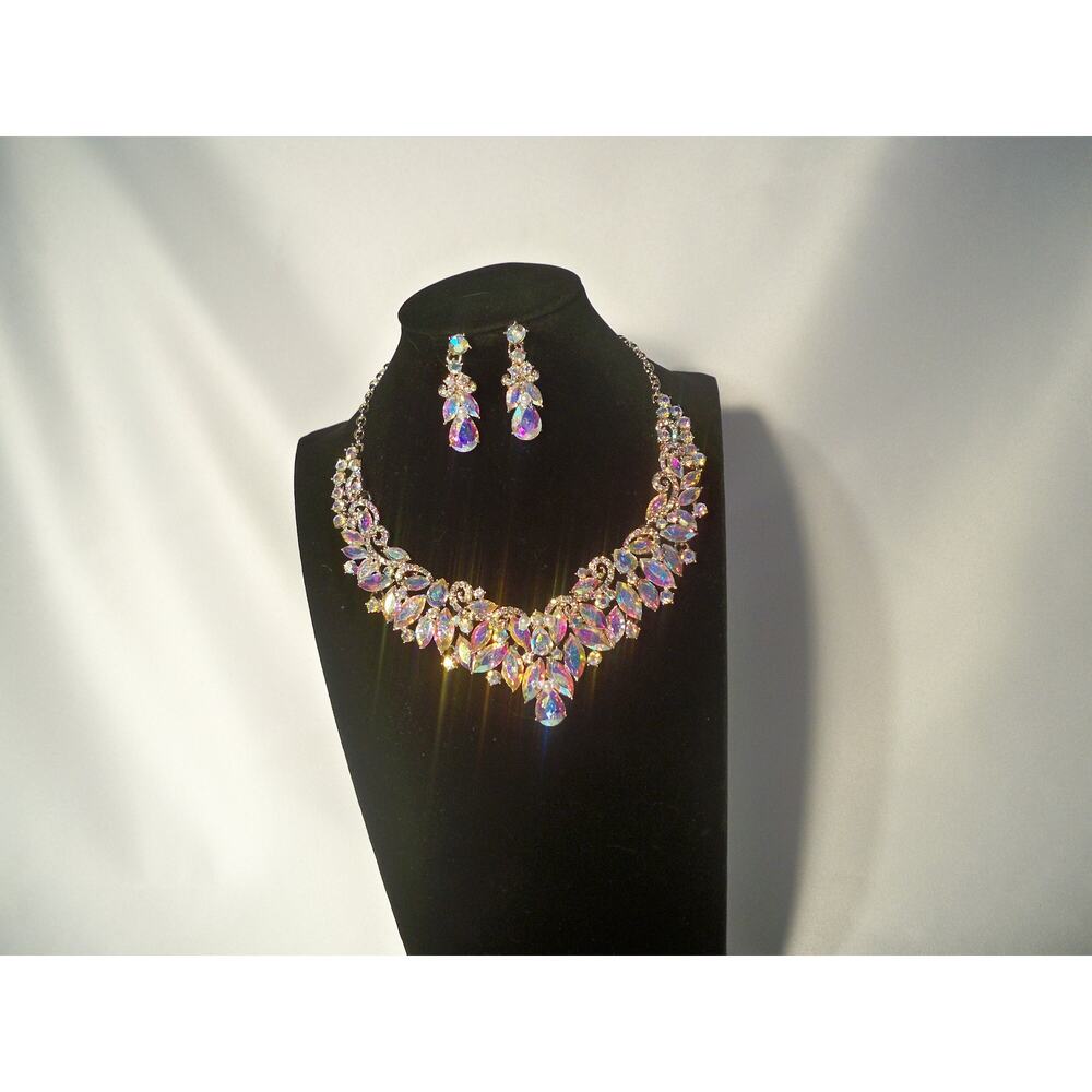 AB rhinestone statement necklace set wedding MOB prom party evening necklace set
